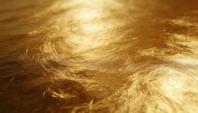 Abstract golden metallic texture with swirling brush strokes and reflective gleam