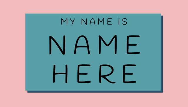 Versatile name tag template with bold text and contrasting pink and teal background, suitable for events, meetings, or personal usage. Easy to edit and customize with individual names. Ideal for making a strong first impression in both professional and casual settings.