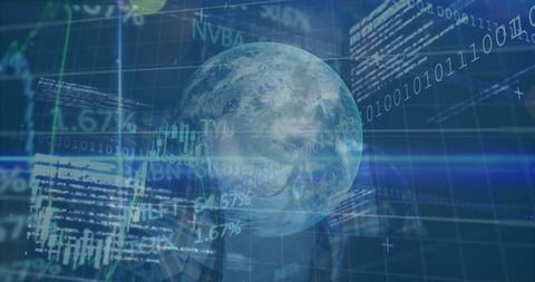 Data Analyst in Virtual Space with Holographic Charts and Globe