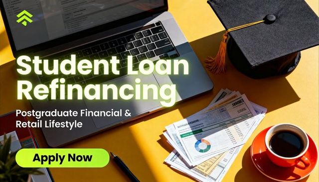 Student loan refinancing marketing scene with graduation cap, laptop and financial charts