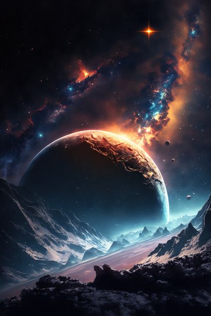 Image of planets, stars and outer space and sky, created using generative ai technology. Spacescape, cosmos and galaxy concept digitally generated image.