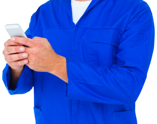 Midsection of Mechanic in Blue Uniform Text Messaging with Transparent Background - Download Free Stock Videos Pikwizard.com