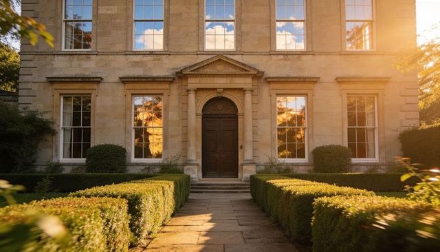 Sunlit georgian manor entrance welcoming with stone portico, symmetrical boxwood pathway