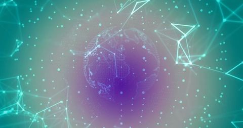 Rotating wireframe globe glowing with dotted mesh and connected network nodes