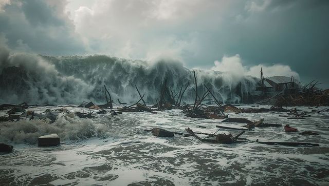 Waves crashing over destroyed structures on coastline