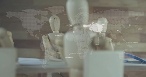 Wooden mannequin exploring global connections with dotted world map overlay