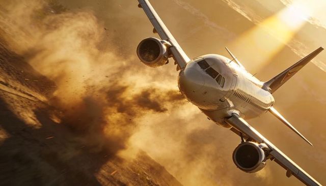 Sunlit twin-engine jet banking over rugged desert ridges kicking dramatic dust plume