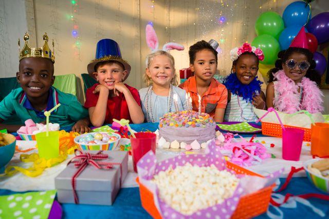 Children of different ethnicities celebrating a birthday party with colorful decorations, balloons, and a cake. They are wearing fun costumes and accessories, and there are gifts and snacks on the table. Ideal for use in advertisements, party planning websites, and educational materials about celebrations and diversity.