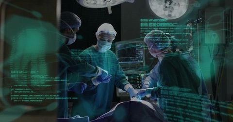 Surgical Team Performing High-Tech Operation with HUD Data Overlay in Operating Room