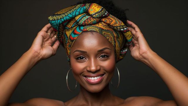 Smiling woman adjusting vibrant patterned headwrap with gold hoop earrings studio portrait