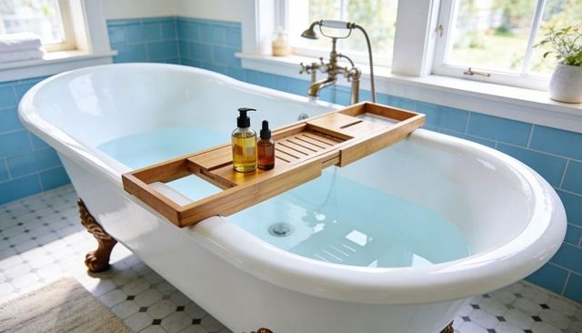 Sunlit clawfoot bathtub filling with water, bamboo caddy holding amber oil bottles, faucet