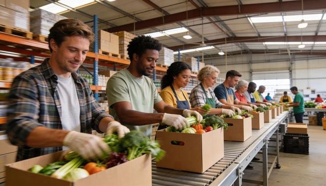 Volunteers packing fresh produce on warehouse conveyor line for community food boxes