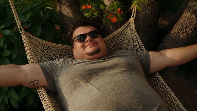 Relaxing plus-size man lounging in hammock wearing sunglasses and tattoo visible in sunlit garden