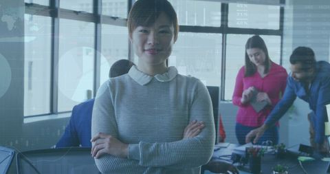 Confident Businesswoman in Modern Office with Team and Data Overlay