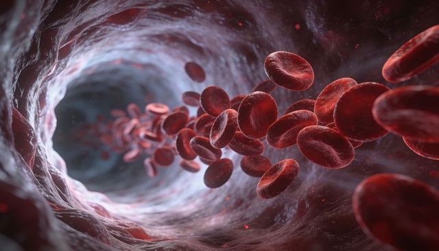 Flowing red blood cells inside vessel illustrating microcirculation and hematology study