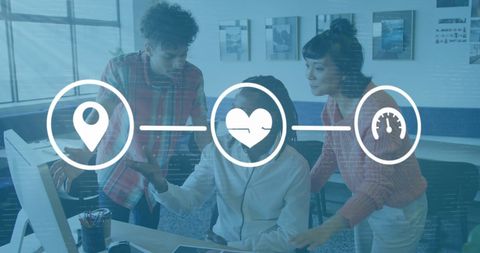 Diverse Team Collaboration with Digital Interface Icons Overlay