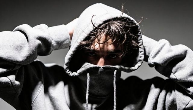 Mysterious young man pulling gray hoodie over face with dramatic high-contrast lighting