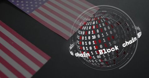 Digital blockchain sphere over usa flags representing global finance