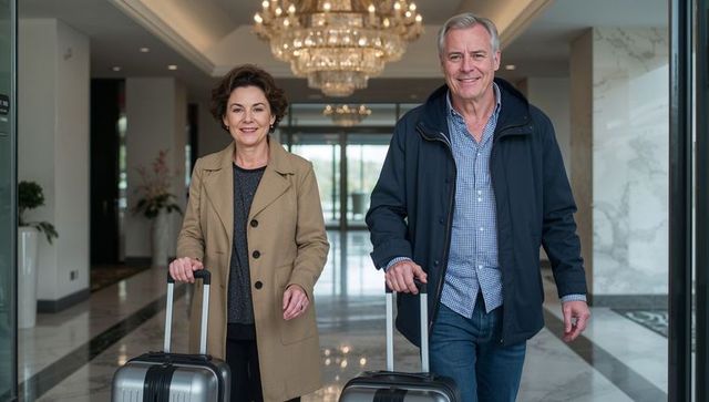 Smiling senior couple walking through upscale hotel lobby pulling luggage