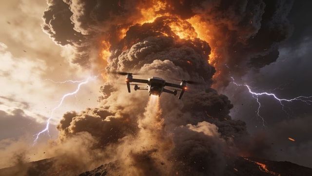 Aerial drone approaching volcanic eruption with lightning, towering ash plume, lava glow