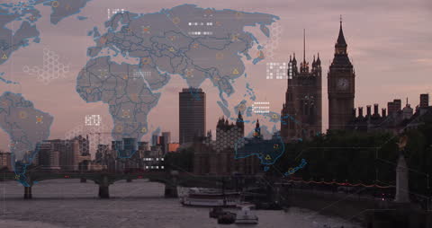 Overlay of Digital World Map with Data Symbols on London Skyline