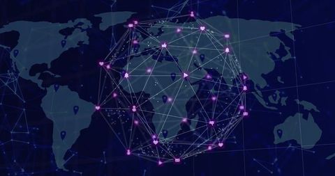 Translucent Digital Globe Showing Connected Network Nodes and Neon Icons Over World Map