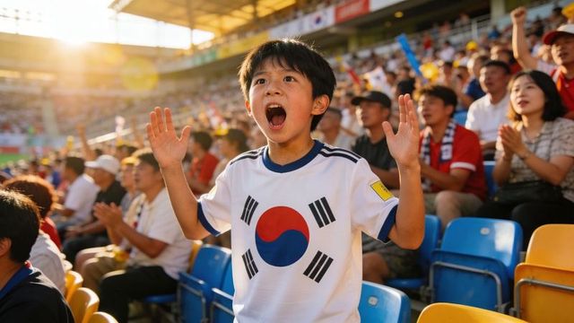 Korean boy cheering passionately in south korea soccer jersey at sunlit stadium crowd