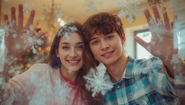 Young Couple Joyful During Christmas at Home with Decorative Snowflakes