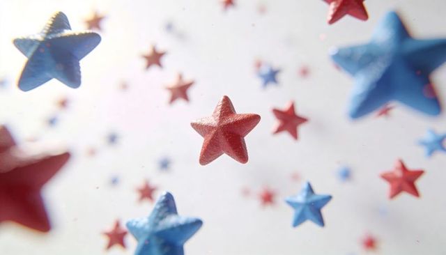Floating red star among blue five-point stars on soft white bokeh backdrop