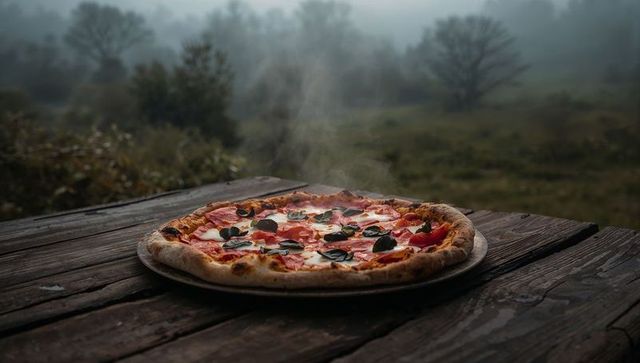 Steaming margherita pepperoni pizza resting on rustic wooden table in foggy meadow