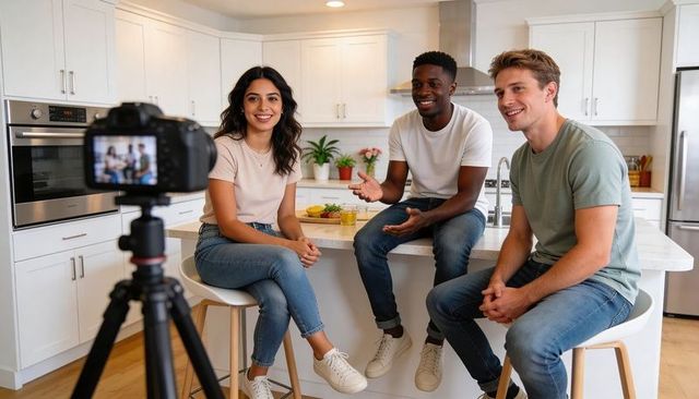 Three Young Content Creators Recording Lifestyle Vlog at Modern Kitchen Island