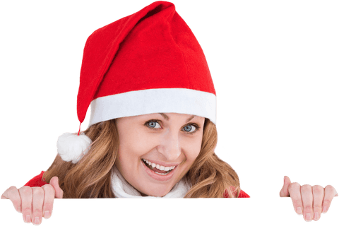 Woman in Santa Hat Showing Blank Card with Transparent Background