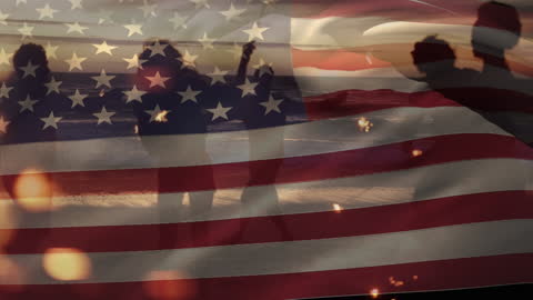 Waving USA Flag with Beach Silhouette Background