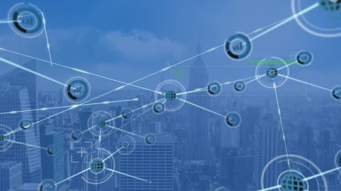 Connected World Animation Over Modern City Skyline