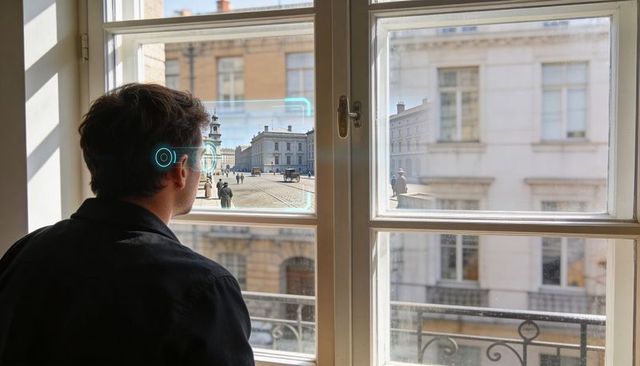 Man wearing ar glasses standing at window viewing urban street through futuristic hud