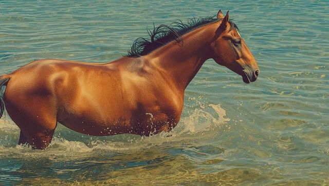 Chestnut horse in serene lake with sunlit glossy coat