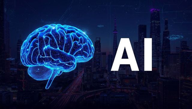 Futuristic Neon Brain in Urban Cityscape with AI Concept
