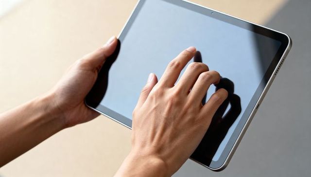 Hands Tapping Tablet Touchscreen Showing Reflected Fingertips and Sleek Metal Bezel