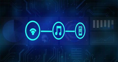 Neon circuit connectivity connecting wi-fi, music streaming, smartphone on futuristic dashboard