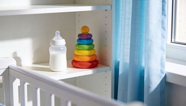 Nursery shelf featuring baby bottle with milk and rainbow stacking rings by sunny window