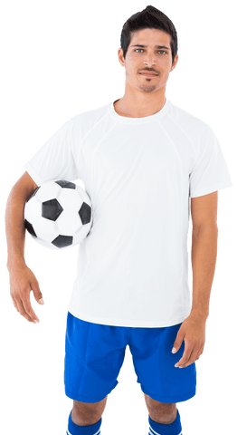 this stock image depicts a male soccer player standing confidently with a soccer ball on a transparent background. ideal for sports promotions, athletic campaigns, or sportswear advertisements. its transparent background allows easy integration into websites, brochures, and marketing materials needing dynamic sports visuals.