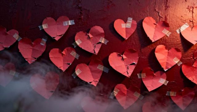 Cracked paper hearts taped on red wall with fog emotional heartbreak concept