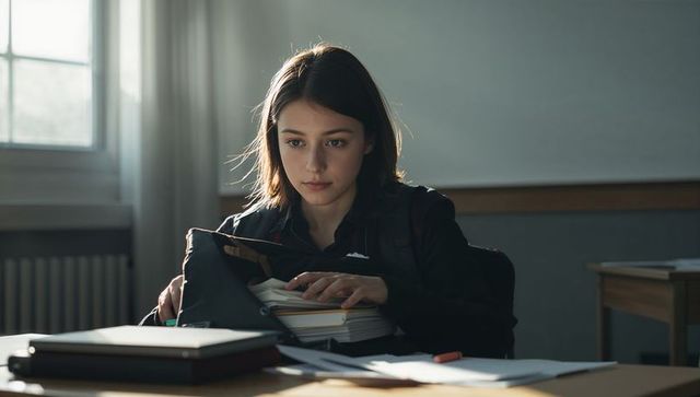 Female student organizing textbooks and backpack at sunlit classroom desk