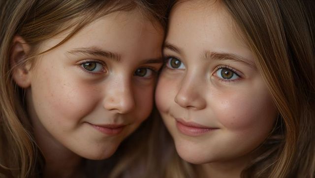 Closeup portrait two young sisters pressing cheeks together smiling with hazel-green eyes