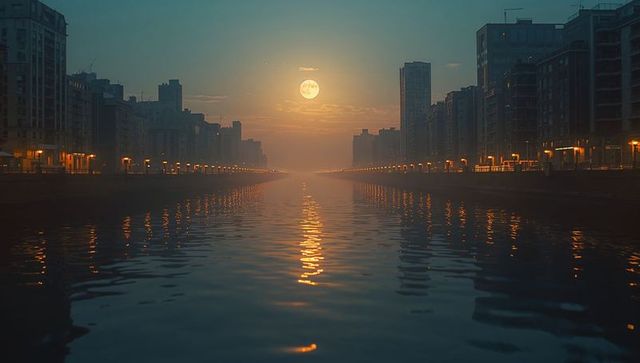 Serene Canal Under Full Moon with Reflective Waters and Elevator Freud