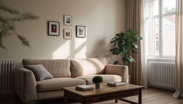 Sunlit Cozy Beige Sofa in Minimalist Living Room with Wooden Coffee Table
