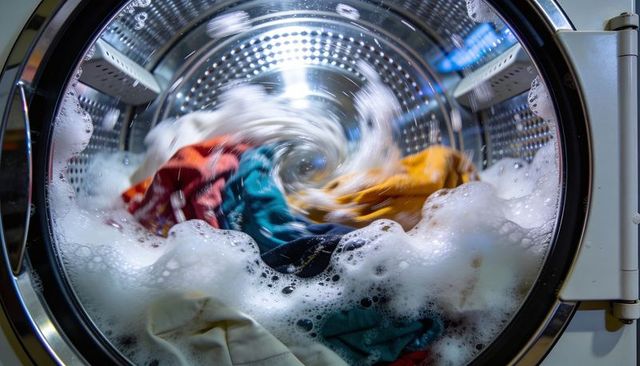 Front-load washing machine tumbling colorful laundry with soap suds