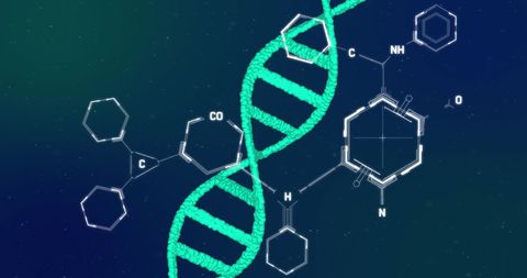 Spinning dna strand with chemical structures on blue background