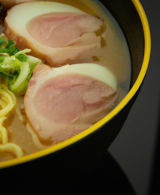 This image captures a close-up view of a bowl of ramen with egg and pork slices in a rich broth. Ideal for use in food blogs, restaurant menus, culinary magazines, and advertisements for Japanese cuisine.