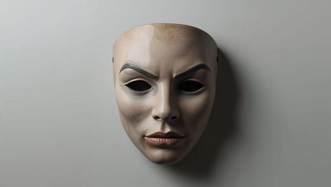 Sculpted theatrical mask with painted brows casting shadow on light gray wall